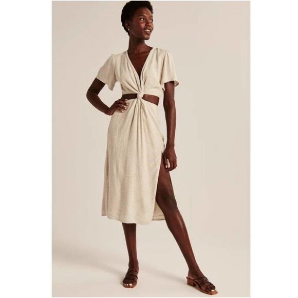 Abercrombie & Fitch Womens Boho Beach Linen Blend Knotted Cutout Midi Dress XLT - Picture 1 of 11